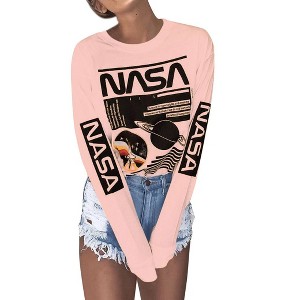 Nlife Women Long Sleeve White NASA Letter Print T Shirt Autumn Winter - 1 of 4