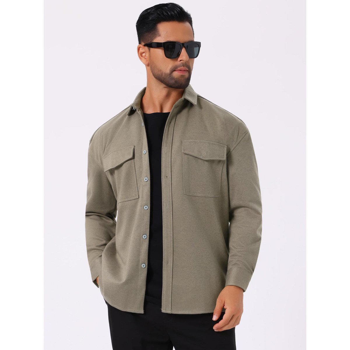 Мужские куртки INSPIRE CHIC Men's Point Collar Long Sleeve Button Down Casual Work Shirt Jacket Medium Gray Khaki — фото 4