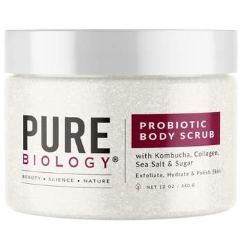 Probiotic Body Scrub with Kombucha, Collagen, Sea Salt & Sugar, Exfoliate Hydrate & Polish Skin, Pure Biology, 12oz