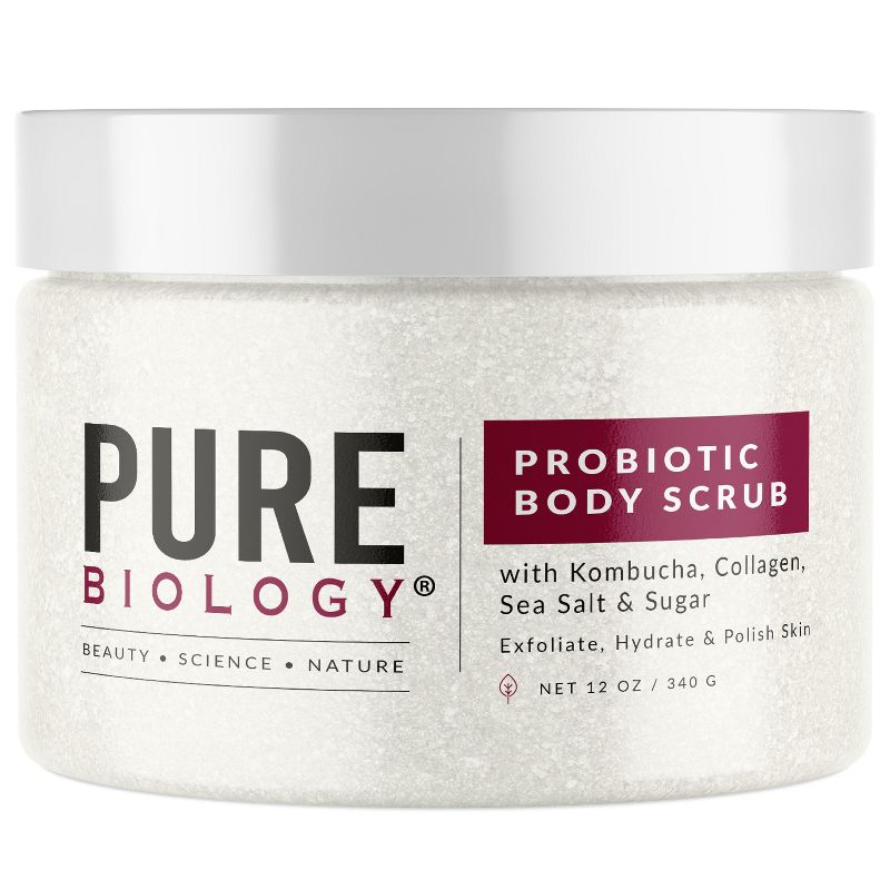 Probiotic Body Scrub with Kombucha, Collagen, Sea Salt & Sugar, Exfoliate Hydrate & Polish Skin, Pure Biology, 12oz, 1 of 4
