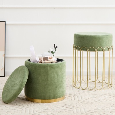 KTMBDW Set of 2 Round Velvet Storage Ottomans – Upholstered Vanity Stool, Footrest, Side Table with Removable Lid for Living Room & Bedroom