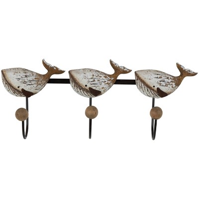 8"x18" Wood Whale Handmade Distressed Wall Hook, Beige with 3 Hangers - Olivia & May