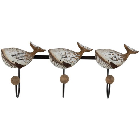 8x18 Wood Whale Handmade Distressed 3 Hanger Wall Hook With