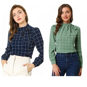 INSPIRE CHIC Women's Bow Tie Neck Keyhole Back Grid Checks Office Work Blouses 2 Packs - 1 of 4