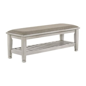 Simple Relax Upholstered Bench with Slatted Bottom Shelf in Antique White - 1 of 4