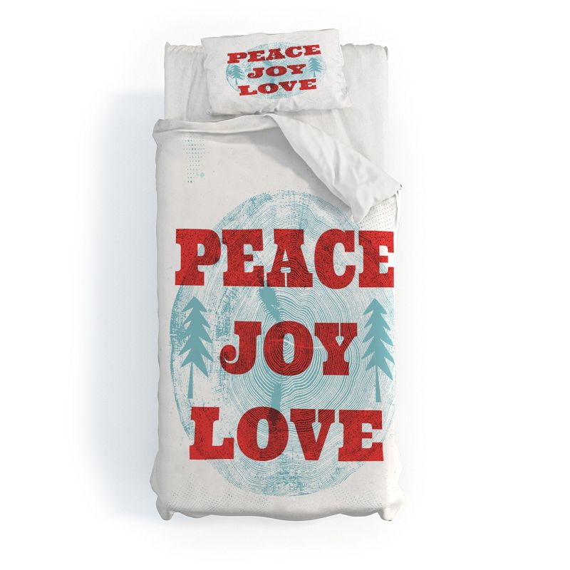 Heather Dutton Peace Joy Love Woodcut Duvet Cover + Pillow Sham(s) - Deny Designs, 1 of 5