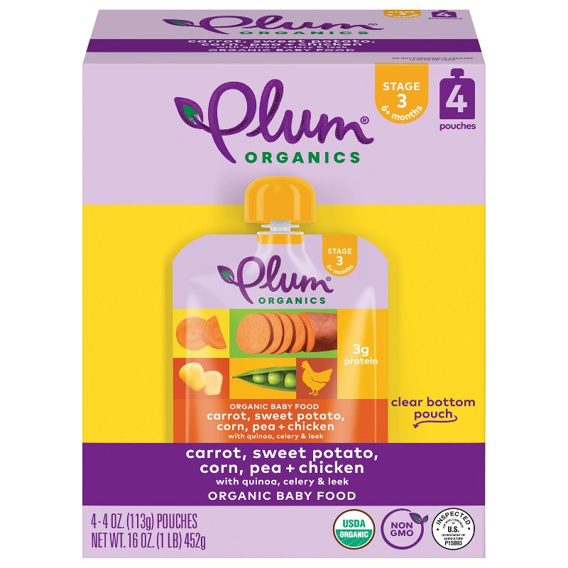 Plum Organics Carrot Sweet Potato Corn Pea & Chicken with Quinoa Celery & Leek Baby Food Pouch - (Select Count), 1 of 5