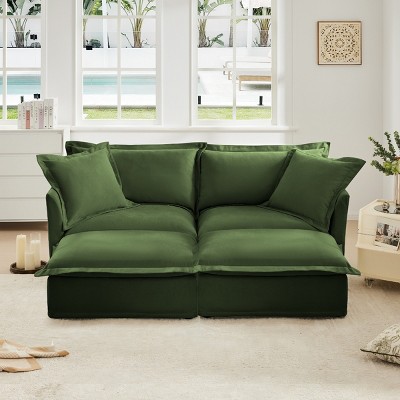 Slipcovered Sectional Sofa, 2 Seater Sofa with Removable Cover, Sofa with Convertible Ottoman, Chenille Fabric Sectional Sofas-Cuddlewood