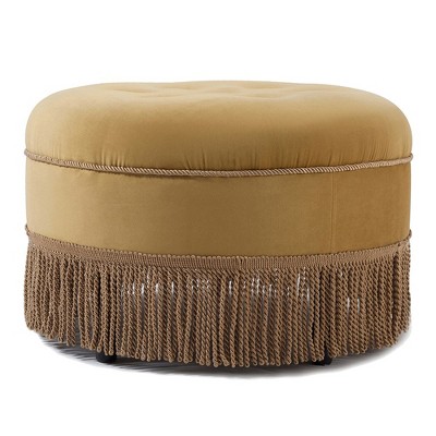 Navy Blue Velvet Tufted Round Ottoman with Fringe
