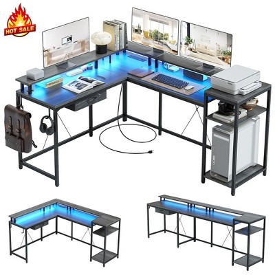 Whizmax L Shaped Gaming Desk,68" Computer Desk with Power Outlets&LED Lights,Home Office Desk with File Drawer,Corner Desk with Monitor Shelf and Hook