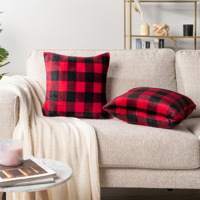 Checkered Red and Black Velvet Euro Pillow Covers, 20x20 Set of 2