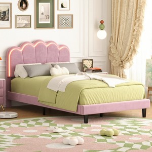 Full/Queen Size Velvet Upholstered LED Bed Frame with Elegant Flowers Headboard, Pink 4S - ModernLuxe - 1 of 4