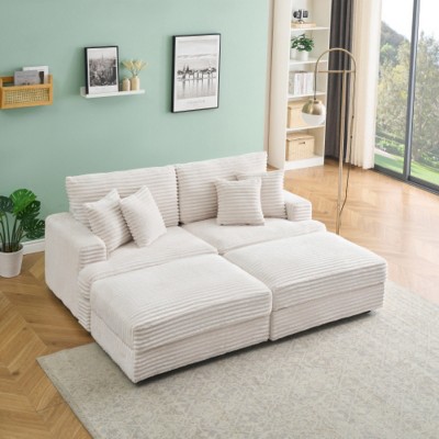 Modern 88.6" Corduroy Deep Seat Sofa with 2 Storage Ottomans, Cloud-Like Comfy 3-Seater Couch for Living Room or Small Spaces–The Pop Home