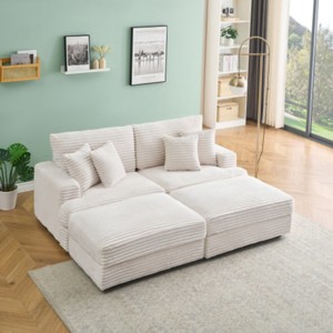 Modern 88.6" Corduroy Deep Seat Sofa with 2 Storage Ottomans, Cloud-Like Comfy 3-Seater Couch for Living Room or Small Spaces–The Pop Home - 1 of 4