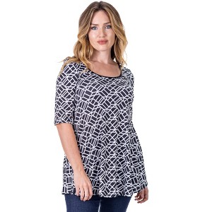 24seven Comfort Apparel Womens Black Geometric Print Elbow Sleeve Casual Tunic Top - 1 of 4