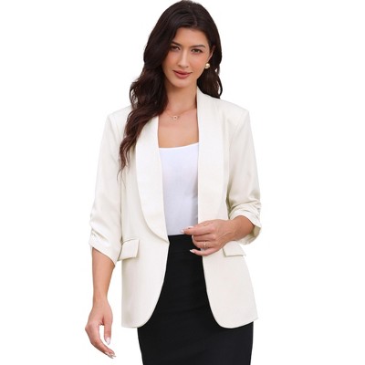 INSPIRE CHIC Women's Work Shawl Collar Ruched 3/4 Sleeves Open Front with Pockets Blazer