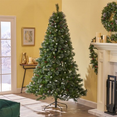 9ft Artificial Christmas Tree With 72 Red Berries And 73 Pine Cones And 2099 Tips, Glitter Bristle Mixed Hinged Tree