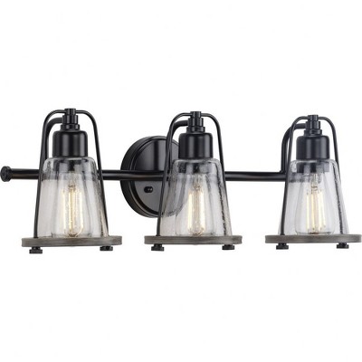 Progress Lighting Conway 3-Light Bath Vanity Light, Steel, Matte Black, Clear Seeded Glass Shade