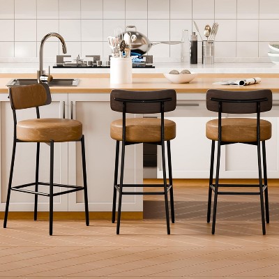 DYHOME 24 inches Bar Stools Set of 3, Counter Height Bar Stools with Leather Pad Wood Back, Leather Upholstered Bar stools for Kitchen Island, Cafe
