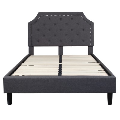 Transitional Full Platform Bed with Tufted Upholstery and Nailhead Trim in Dark Gray