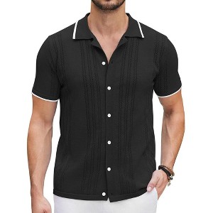COOFANDY Men's Knit Button Down Shirt Vintage Short Sleeve Polo Shirts Casual Beach Tops - 1 of 4