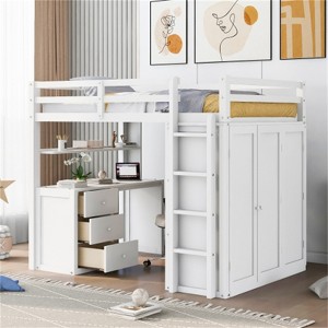 RISOKEYS Full Size Loft Bed with Drawers, Desk & Wardrobe - Bed with Desk and Storage Drawers, Wooden Kids Loft Bed Frame with Wardrobe - 1 of 4