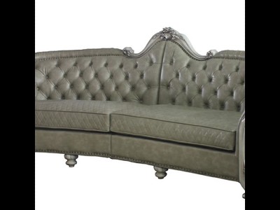 Vintage Bone White Faux Leather Tufted Sofa with Nailhead Trim