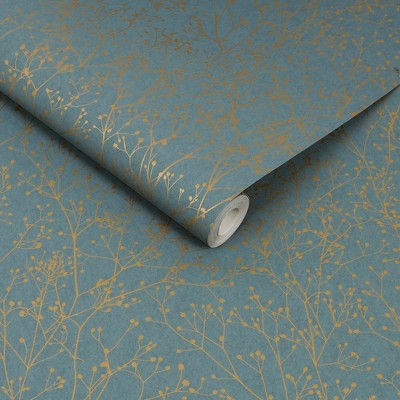 Clarissa Hulse Airforce Blue and Soft Gold Botanical Wallpaper Sample