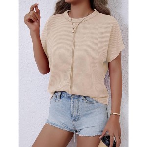 Women's Waffle Knit Crew Neck Short Sleeve Casual Loose Tunic Top - 1 of 3