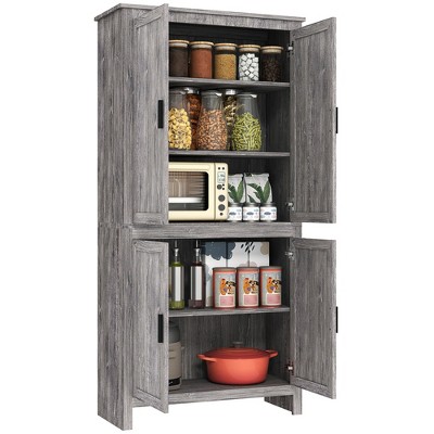 HOMCOM 64" 4-Door Kitchen Pantry, Freestanding Storage Cabinet with 3 Adjustable Shelves for Kitchen, Dining or Living Room, Gray Oak