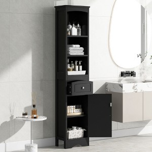 TIRAMISUBEST Tall Bathroom Cabinet, Freestanding Storage Cabinet with Drawer, MDF Board, Adjustable Shelf, Black - 1 of 4