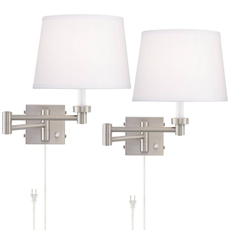 360 Lighting Vero Modern Swing Arm Wall Lamps Set of 2 Brushed Nickel Plug-in Light Fixture with USB Charging Port White Shade for Bedroom Bedside, 1 of 10