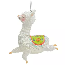 Northlight 5" White and Green Glittered Regal Jumping Llama Glass Christmas Ornament