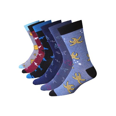 JAMES FIALLO Mens 6 Pairs Whimsical Oceanic Serenity Playful Sea Creature Colorful Patterned Crew Dress Socks