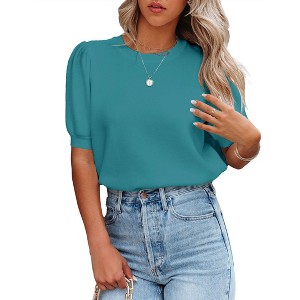 Coolmee Women's Puff Short Sleeve Sweater Tops Fashion Business Casual Knit Crew Neck T Shirts Outfits Work Blouses Clothes - 1 of 3