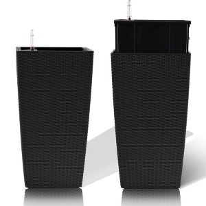 Gulches 22.6" Black Faux Rattan Square Planter with Automatic Watering System - Indoor/Outdoor, 2-Pack - 1 of 4