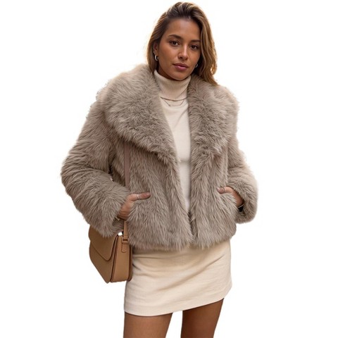 Женские куртки INSPIRE CHIC Women's Lapel Collar Long Sleeve Shaggy Fuzzy Faux Fur Warm Casual Outerwear Coats S Khaki