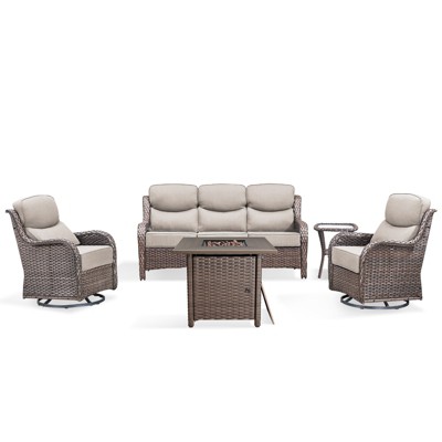 Buenhomino 5Pcs Patio Furniture Set with Fire Pit - Wicker Patio Conversation Set with Swivel Glider, Wicker Sofa, Tempered Side Table,6-inch Cushion