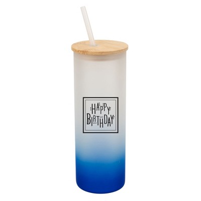 Elanze Designs Happy Birthday Polka Dots Wrap-Around Design 25 Ounce Frosted Gradient Glass On-The-Go Coffee Travel Skinny Tumbler Mug Cup, Bamboo Lid