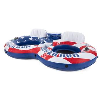 Intex 56855VM River Run Inflatable American Flag 2 Person Water Lounge Pool Tube Float with Built In Cooler, Cup Holders, and Patch Repair Kit