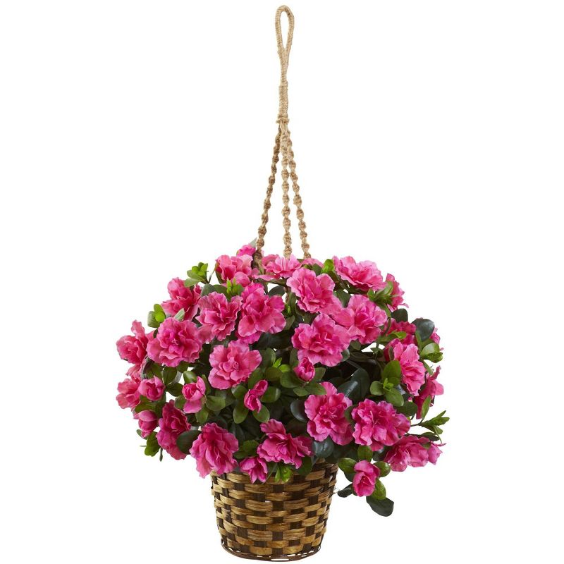 28&#34; x 18&#34; Artificial Azalea Hanging Basket Pink/Natural - Nearly Natural, 1 of 5
