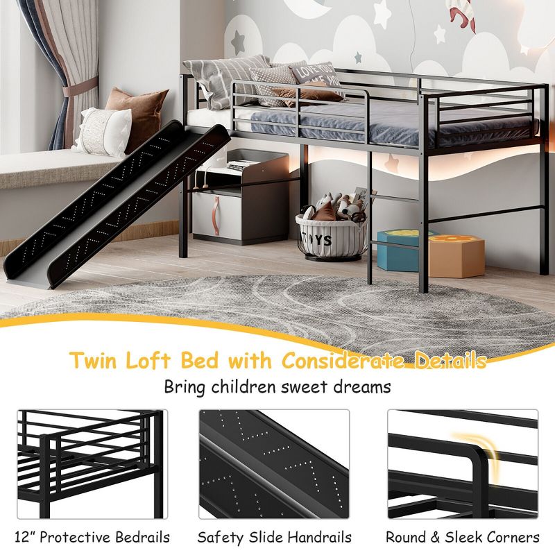 Tangkula Twin Metal Loft Bed with Slide Guardrails Built-in Ladder Low Bed Frame, 5 of 10