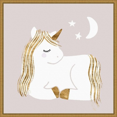 16" x 16" Sleepy Unicorn II by Victoria Barnes Framed Canvas Wall Art - Amanti Art