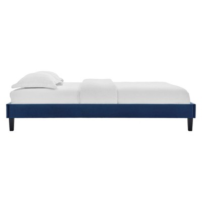 Elegant Navy King Platform Bed with Velvet Upholstery and Wood Frame