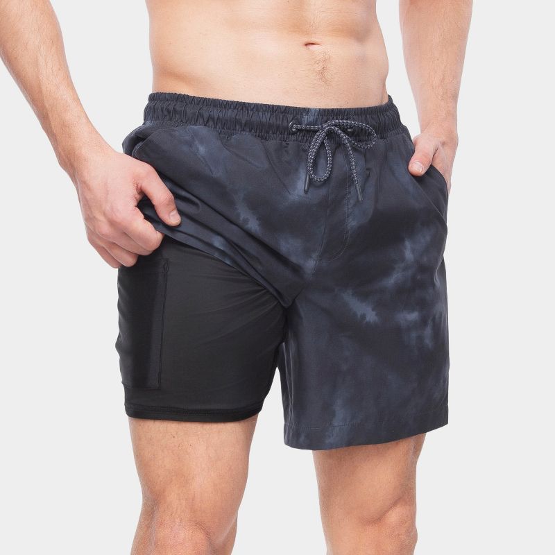 Rokka&Rolla Men's 7'' Tie Dye Swim Shorts with Compression Liner-Black Wash, size Small