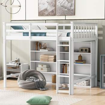 Twin/Full Size Loft Bed with 8 Open Storage Shelves and Built-in Ladder - ModernLuxe