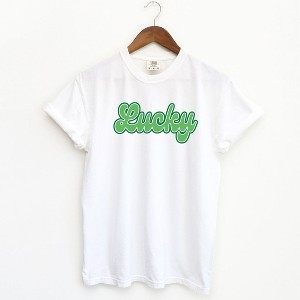 Simply Sage Market Women's Green Lucky Cursive St. Patrick's Day Short Sleeve Garment Dyed Tee - 1 of 2