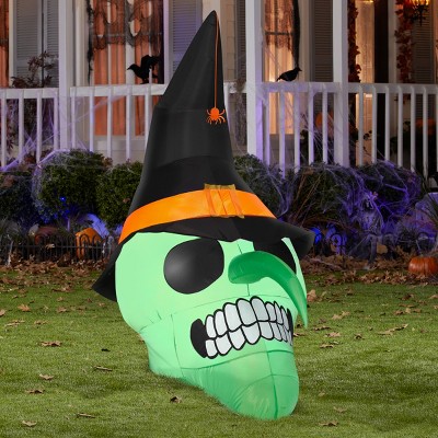 6-Foot Green Witch Skull Inflatable with Black Hat and Spider