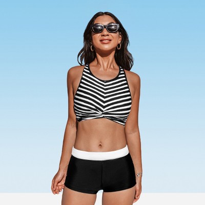 Women's Striped High Neck Bikini Top & Boy Shorts Set Swimsuit - Cupshe