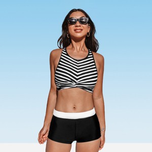 Women's Striped High Neck Bikini Top & Boy Shorts Set Swimsuit - Cupshe - 1 of 4